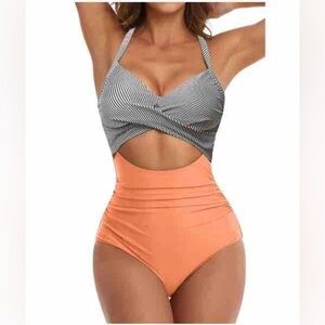 Black Stripe Light Coral Halter Tummy Control One Piece Swimsuit‎ NWT Size M